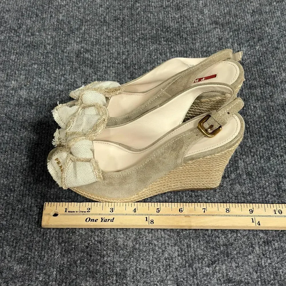 Prada Wedge Sandals Womens 5.5 Beige Espadrille Bow Peep Toe Suede Canvas